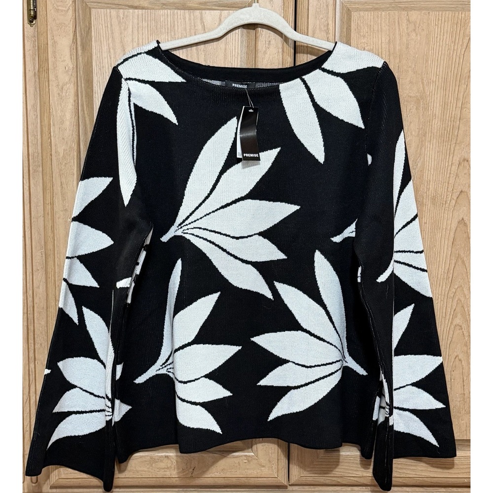Premise Knit Sweater Women's Size XL Black White Floral Leaf Jacquard Pattern
